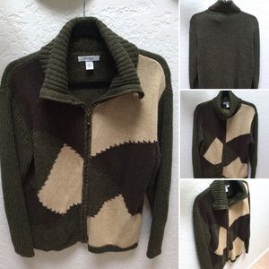 Dressbarn Sweater Jacket with Zipper in Olive, Ivory & Brown
